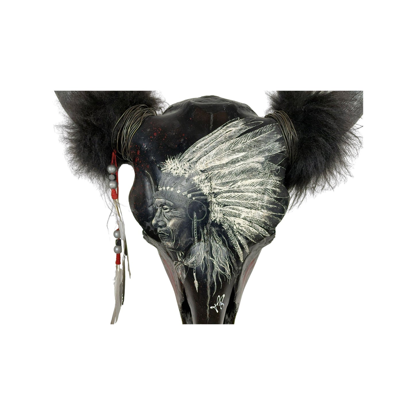 A Bison Engraved Skull Taxidermy Wall Decor featuring a Native American chief