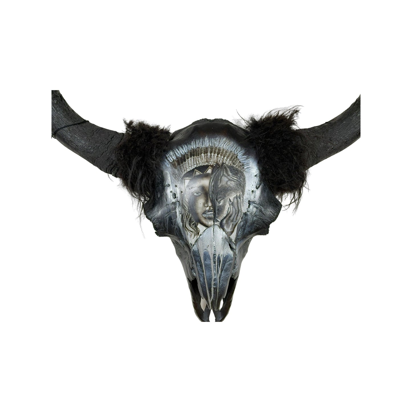 A Bison Engraved Skull Taxidermy Wall Decor featuring a wolf with a Native American woman