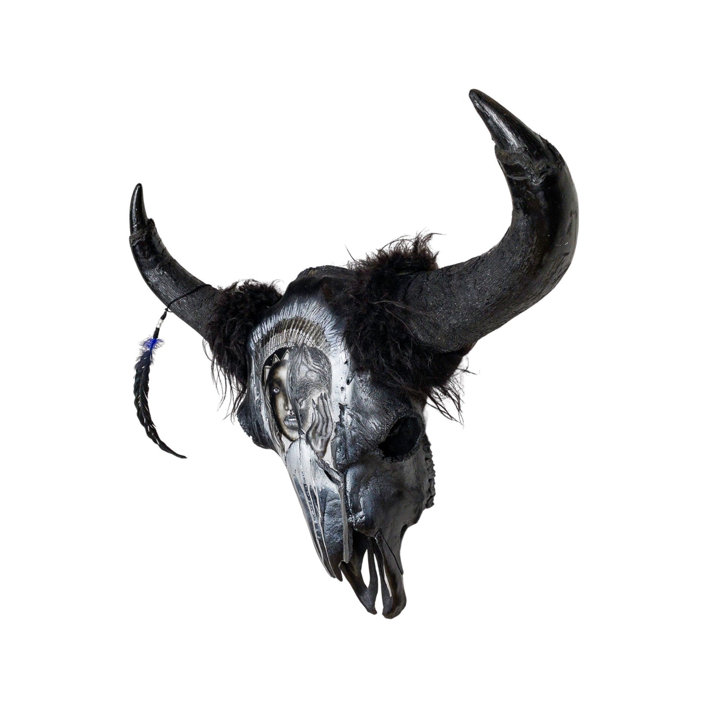 A Bison Engraved Skull Taxidermy Wall Decor featuring a wolf with a Native American woman