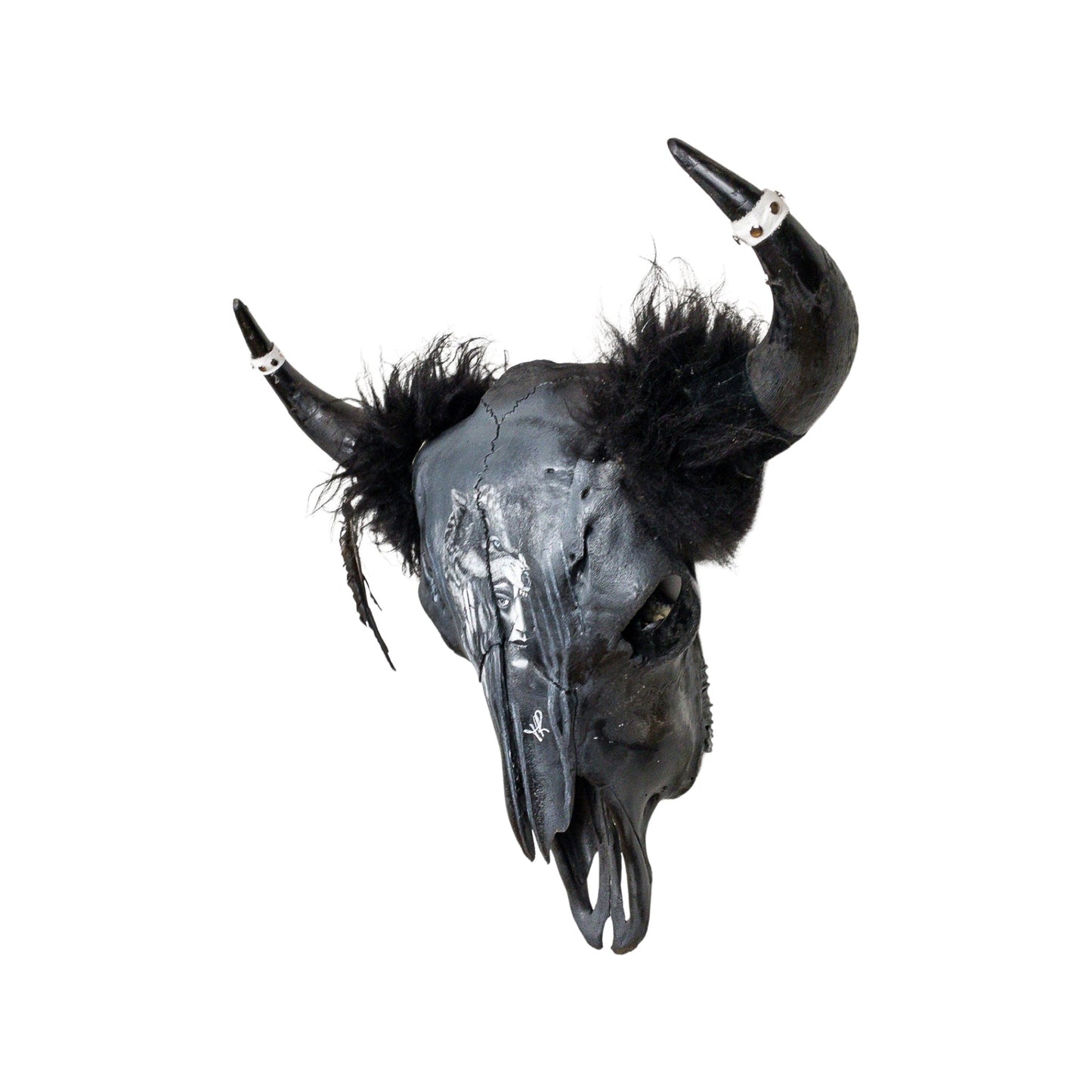 A Longhorn Engraved Skull Taxidermy Wall Decor featuring a wolf and a woman's face