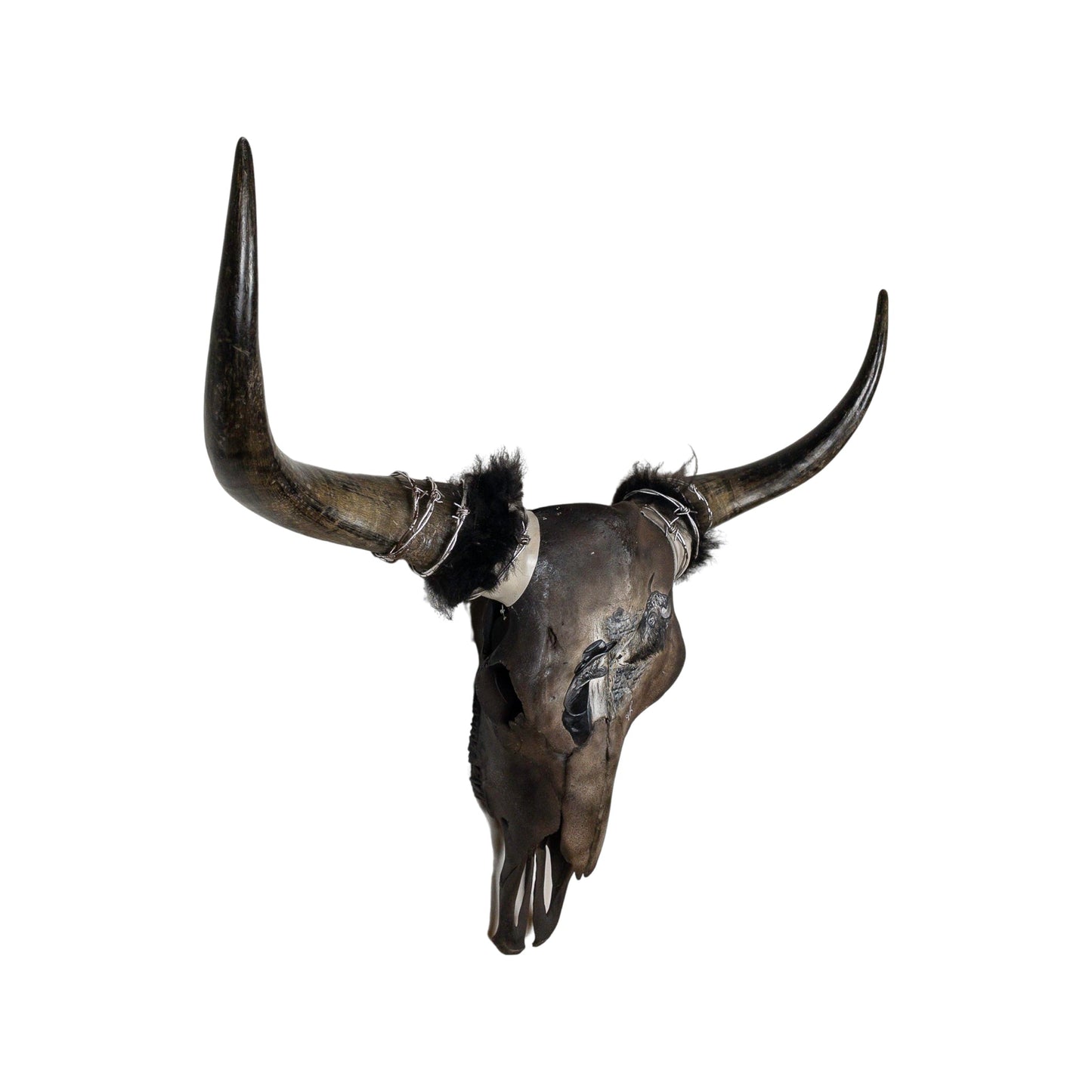 A Yak Engraved Skull Taxidermy Wall Decor featuring a Yak and a young girl looking at each other