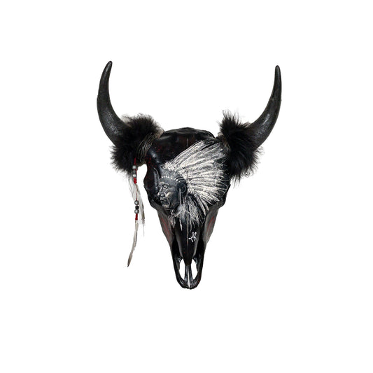 A Bison Engraved Skull Taxidermy Wall Decor featuring a Native American chief