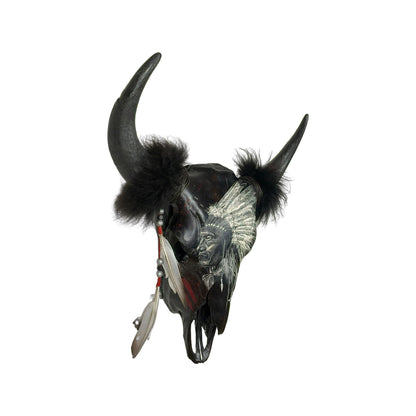 A Bison Engraved Skull Taxidermy Wall Decor featuring a Native American chief