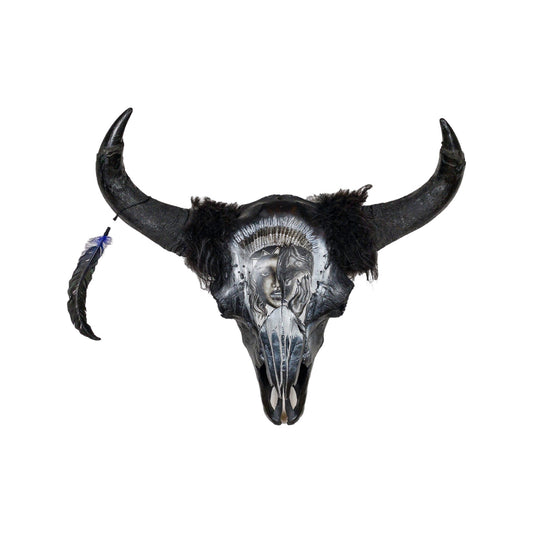 A Bison Engraved Skull Taxidermy Wall Decor featuring a wolf with a Native American woman
