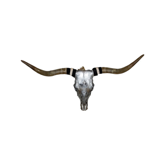 A Longhorn Engraved Skull Taxidermy Wall Decor featuring NOT FOR SALE. AJ ROPING