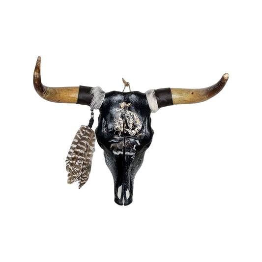 A Longhorn Engraved Skull Taxidermy Wall Decor featuring a cowboy with horses