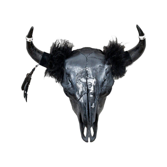 A Longhorn Engraved Skull Taxidermy Wall Decor featuring a wolf and a woman's face