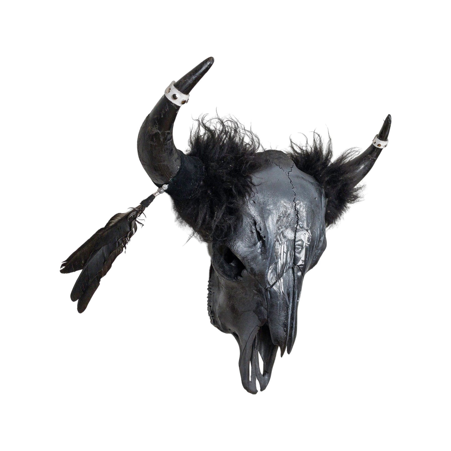 A Longhorn Engraved Skull Taxidermy Wall Decor featuring a wolf and a woman's face